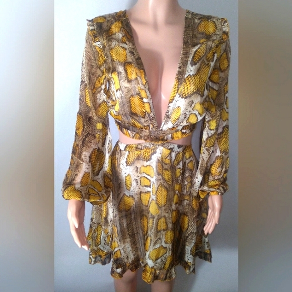 Dresses & Skirts - SOLD Deep V Cut Yellow & Gold Snake Print Long Sleeve Dress- Size Large NWT